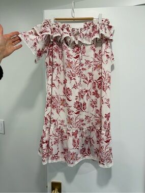 Uli Herzner Off-Shoulder Floral Ruffle Dress in Cream and Red